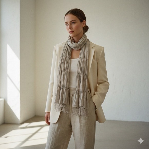 MDC New York Accessories - MDC NEW YORK Silk Cashmere Scarf‎ Beige Ruched Textured Fringe Luxury Basic Chic